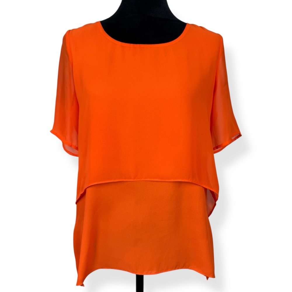 Sioni Top Womens Small S Solid Orange Layered Short Sleeve Blouse
